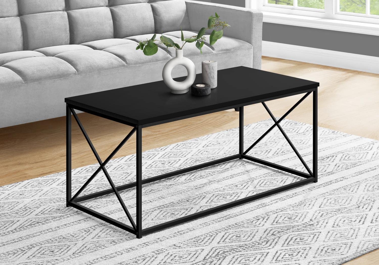 Monarch Specialties 3781 Coffee Table, Accent, Cocktail, Rectangular, Living Room, 40" L, Metal, Laminate, Contemporary, Modern Table-40 L/Black/Black, 40.5" L x 20" W x 18" H